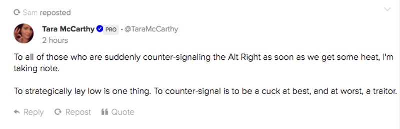 Screenshot from the social networking platform Gab by Tara McCarthy claiming that people who now disavow the alt-right in any way are traitors (Gab)